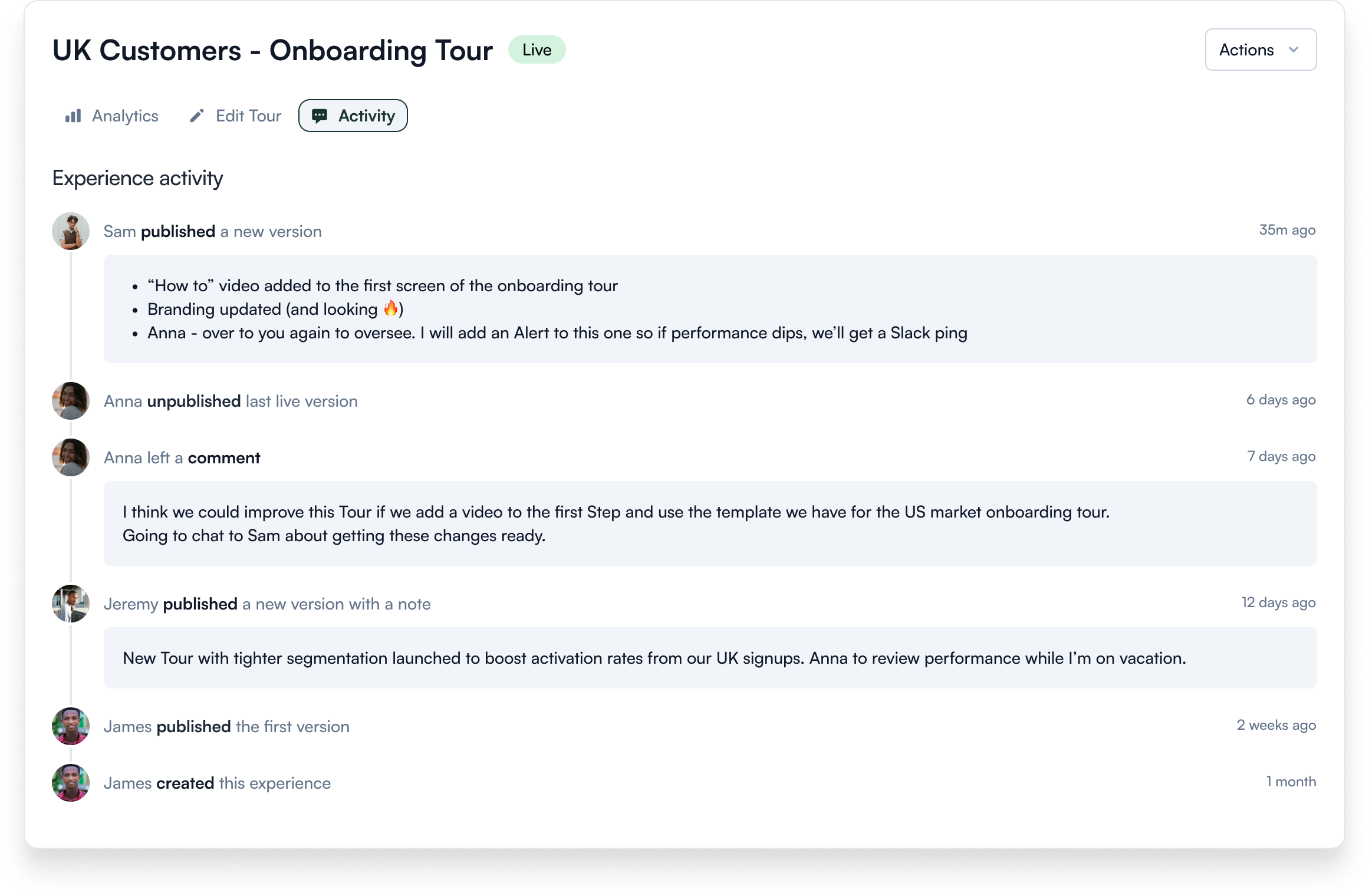 Activity feed tab with notes for Experience updates