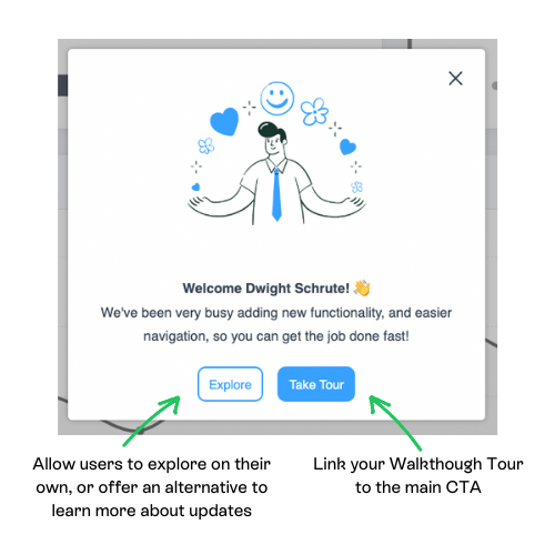 a welcome modal with 2 different CTAs