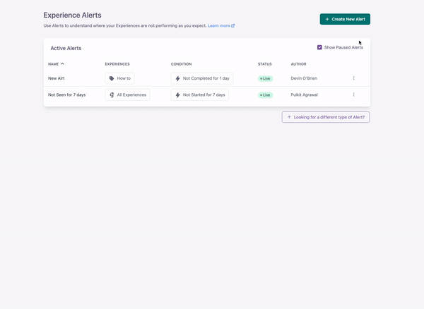 setting up an Alert based on whether an Experience has been seen or completed in the Chameleon Dashboard