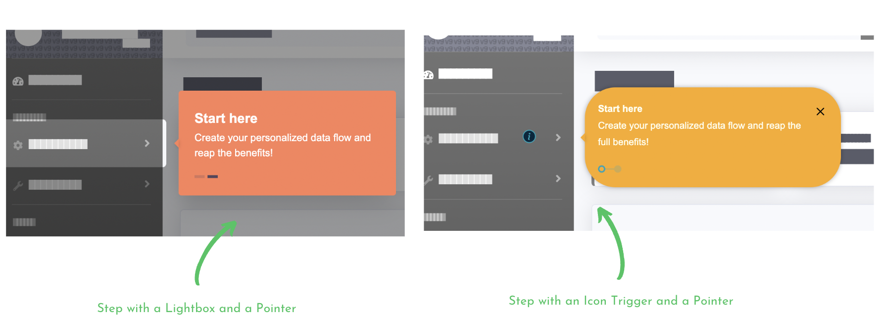 a Tour Step with a lightbox and a Pointer, and a second Step with an icon Trigger and a Pointer