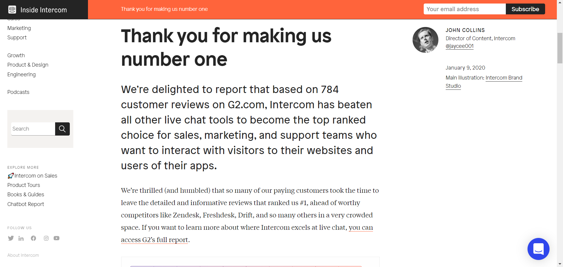 intercom thank you for making us number one customer love