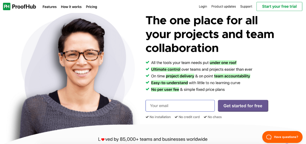 proofhub product marketing tool landing page