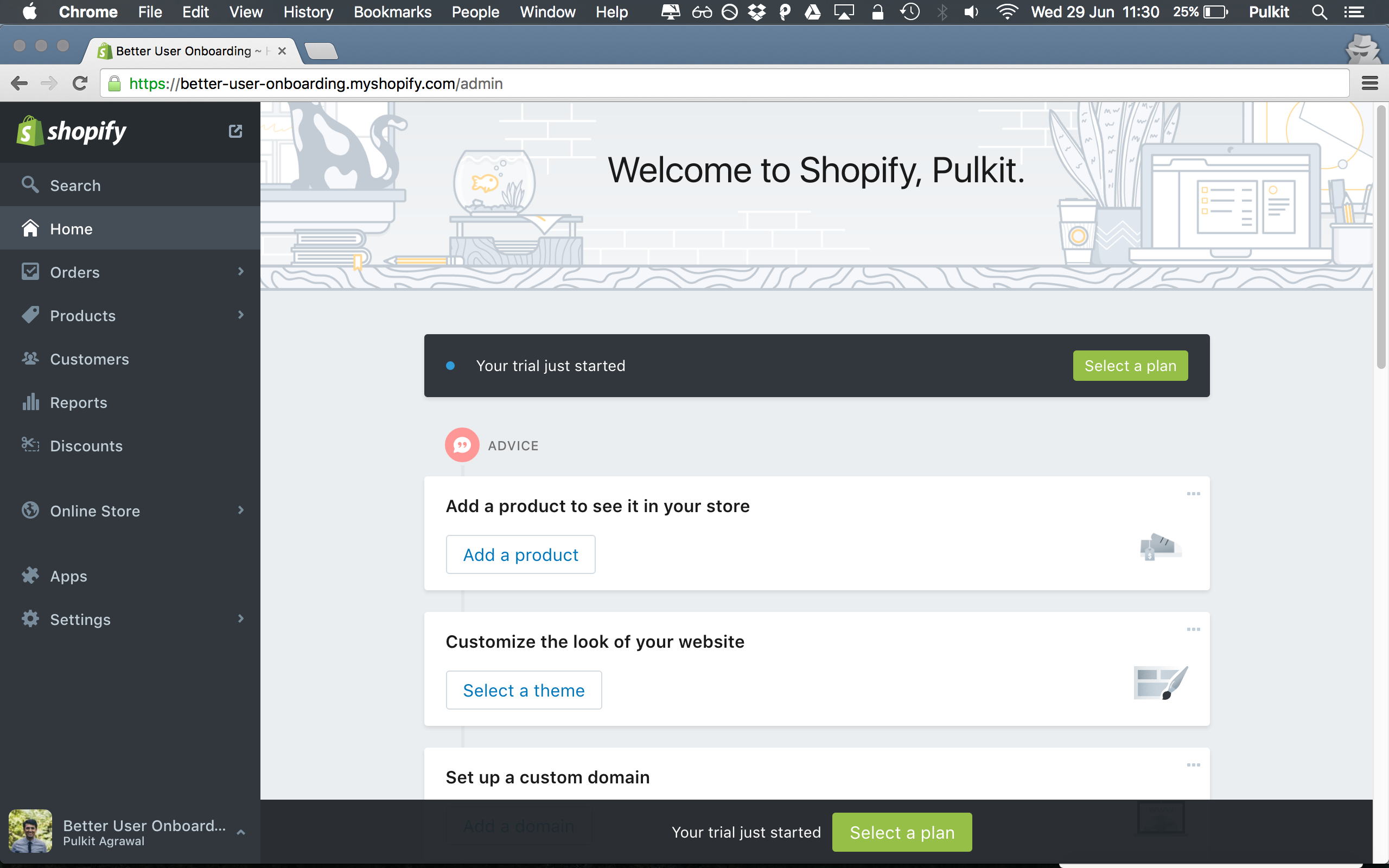 The Shopify welcome screen is focussed on providing you value and learning the product along the way