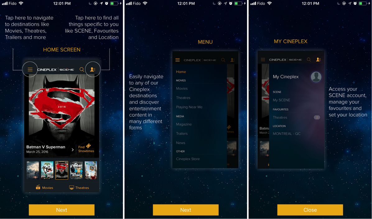 cineplex mobile app onboarding flow