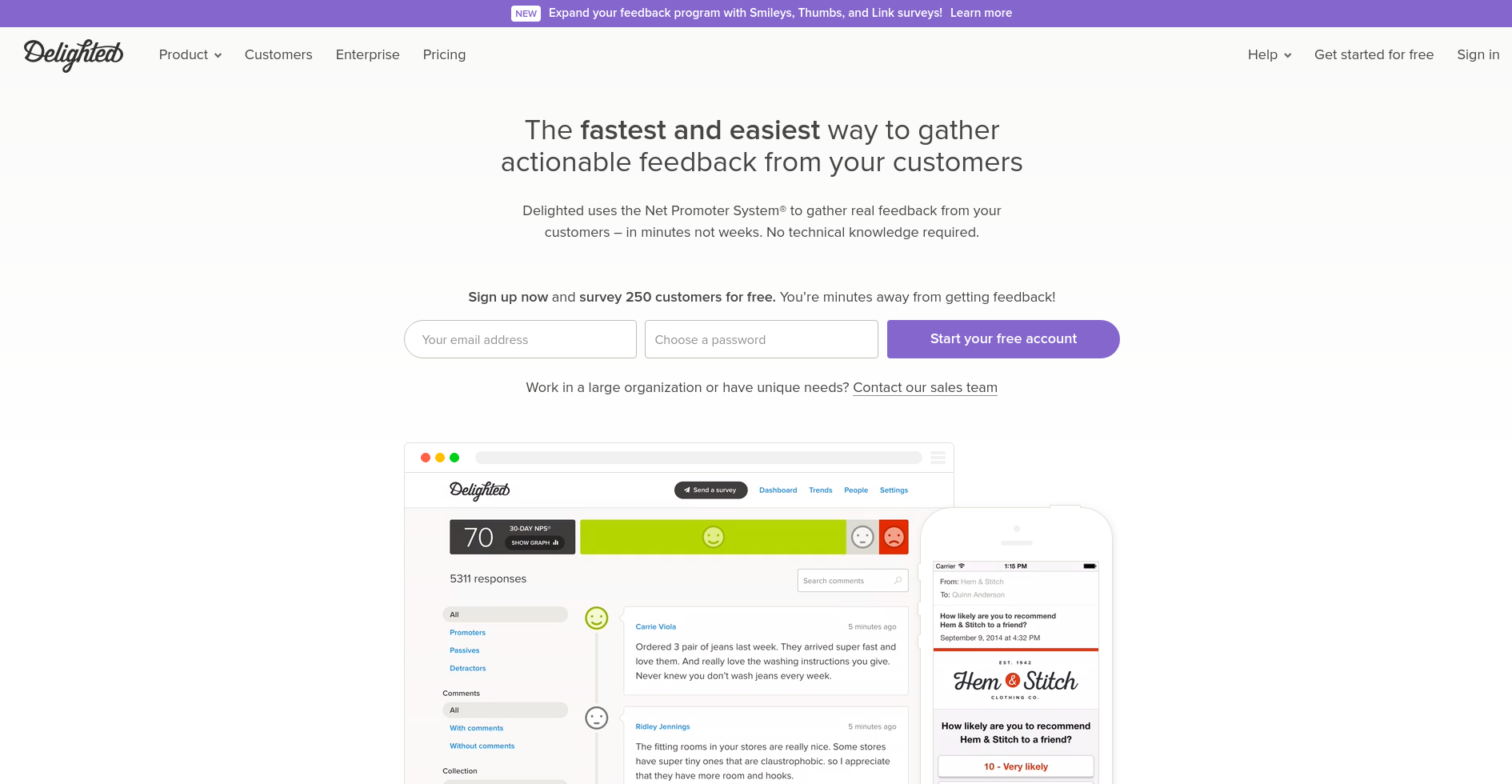 delighted product marketing tool landing page