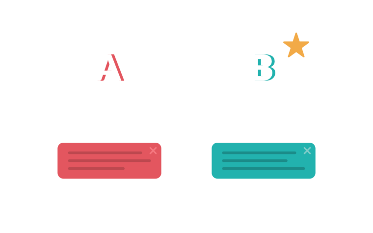 An illustrated A/B test comparing two tooltip designs — variant A at -12% and variant B at +44%, with B marked as the winner.