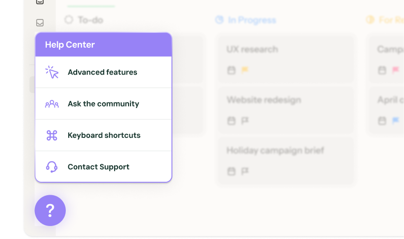 A Chameleon Launcher showing a Help Center panel with four support navigation links, anchored to a corner question-mark button in a project management app.
