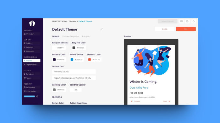 UserGuiding's theme customization settings, showing color and font controls alongside a live preview of a guide step.