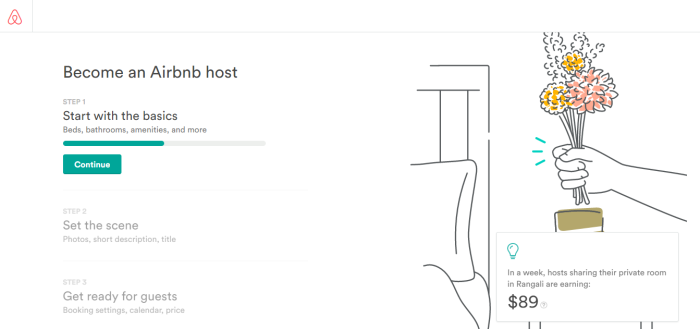 Airbnb's host onboarding screen with a three-step setup checklist and an earnings tip card motivating users to complete registration.
