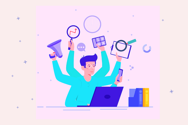 An illustration of a multitasking professional at a laptop holding a megaphone, magnifying glass with a chart, calculator, clipboard, and phone