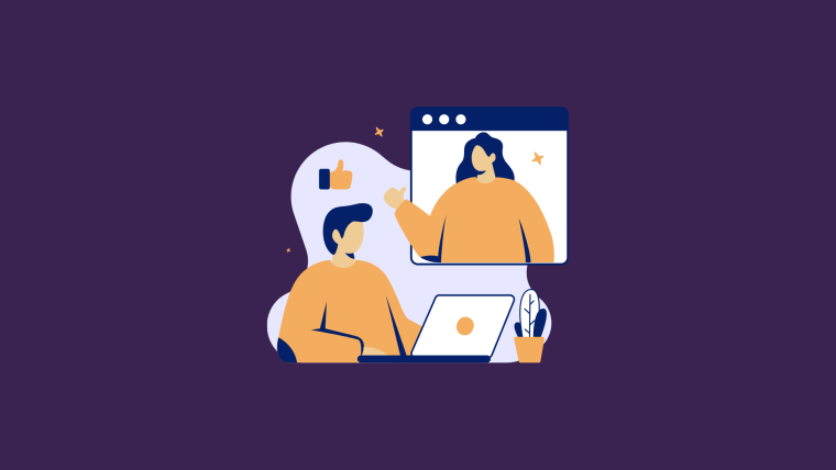 An illustration of a person sitting at a laptop with a browser window showing another person gesturing, and a floating thumbs-up icon nearby.