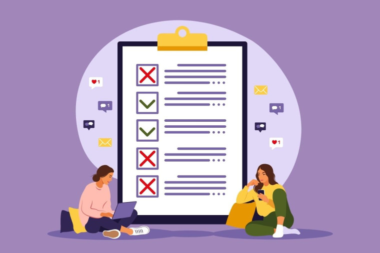 An illustration of two people sitting with laptops and phones in front of a giant clipboard showing a checklist with checkmarks and X marks, surrounded by social media notification icons.