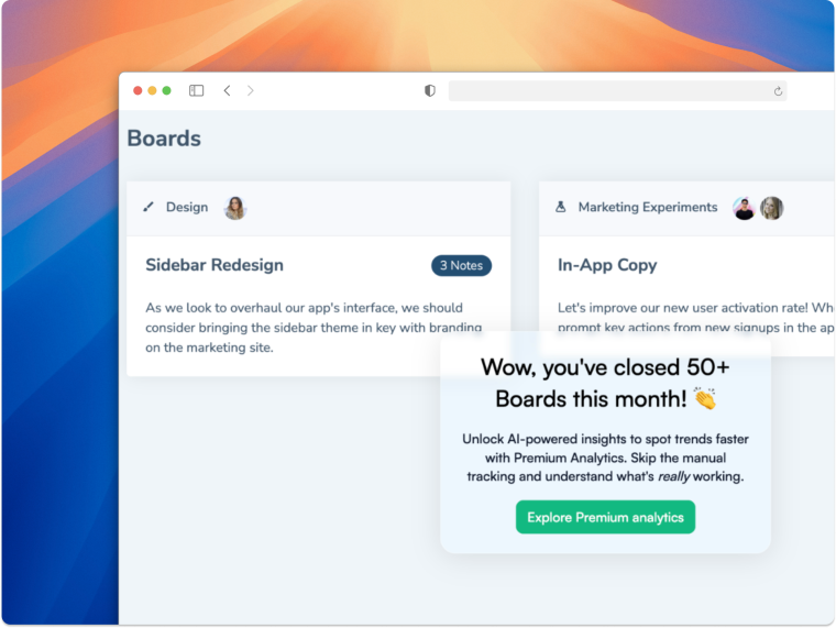 A Chameleon upsell announcement on a fictional project management app, prompting users to upgrade to a premium analytics tier.