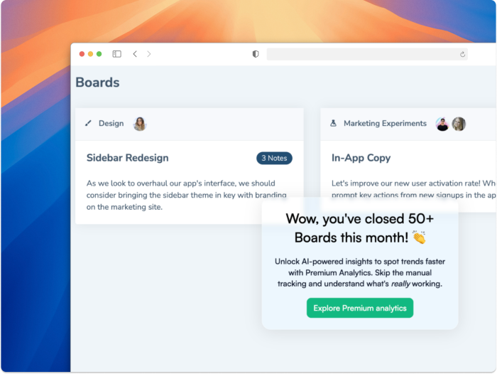 A Chameleon upsell announcement on a fictional project management app, prompting users to upgrade to a premium analytics tier.