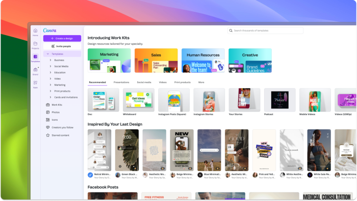 Canva's template gallery showing Work Kits for different business functions, with a sidebar of template categories and a grid of recommended template types.