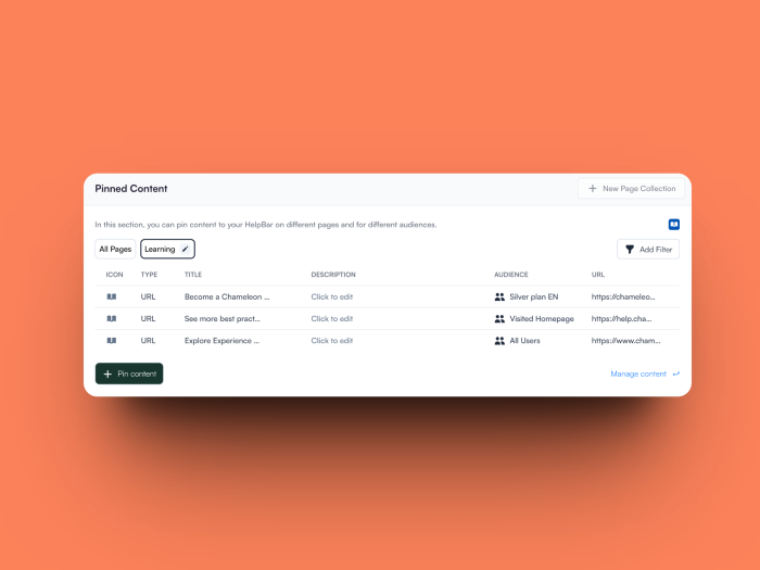 The Chameleon HelpBar Pinned Content dashboard panel, showing a 'Learning' Page Collection with three pinned URL resources, each configured with its own audience segment.