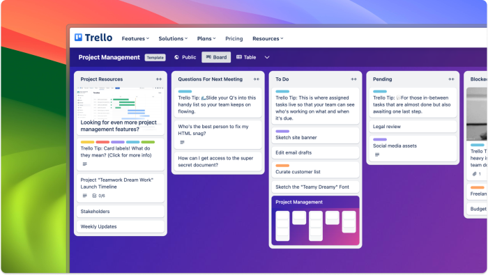 Trello's Project Management sample board template, pre-populated with example cards that help the user learn how to use Trello.