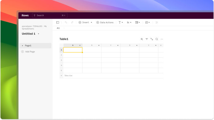 The Rows spreadsheet interface showing an empty table with labeled columns and a sidebar for page navigation.