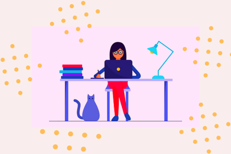 An illustration of a person working at a laptop at a desk, with stacked books, a desk lamp, and a cat nearby