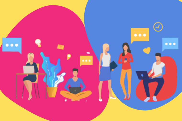 A flat illustration of people using laptops and phones, surrounded by speech bubbles, a lightbulb, and communication icons.