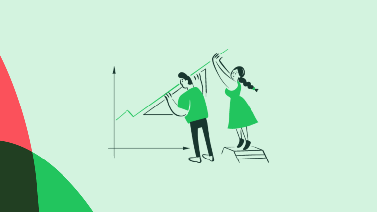 An illustration of two people working together to lift an upward-trending line chart, one holding the line and one standing on a step stool reaching higher.