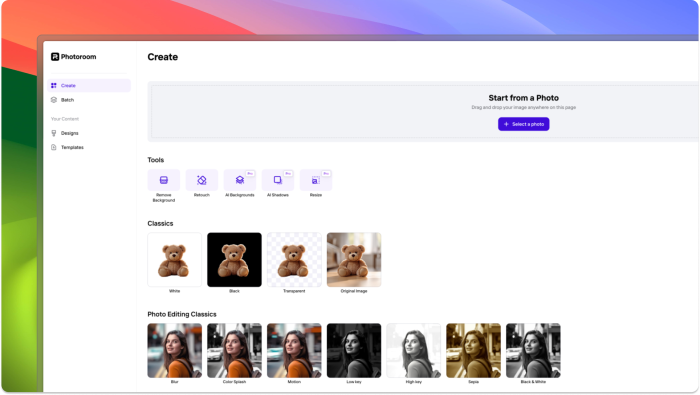 Photoroom's Create screen showing editing tools, background-removal presets, and photo-style filters.