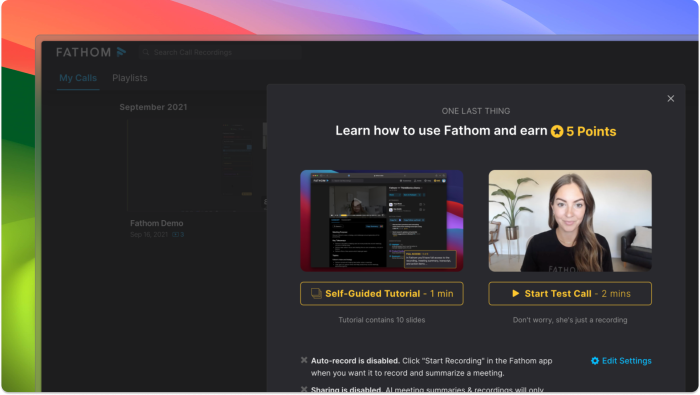 Fathom's onboarding modal prompting new users to earn 5 points by choosing between a self-guided tutorial and a test call with a pre-recorded host.