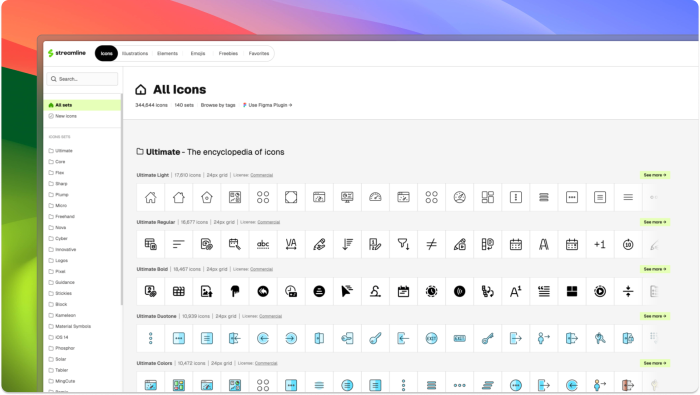 The Streamline icon library browser showing 344,644 icons across 140 sets, with rows of preview icons organized by style variant.