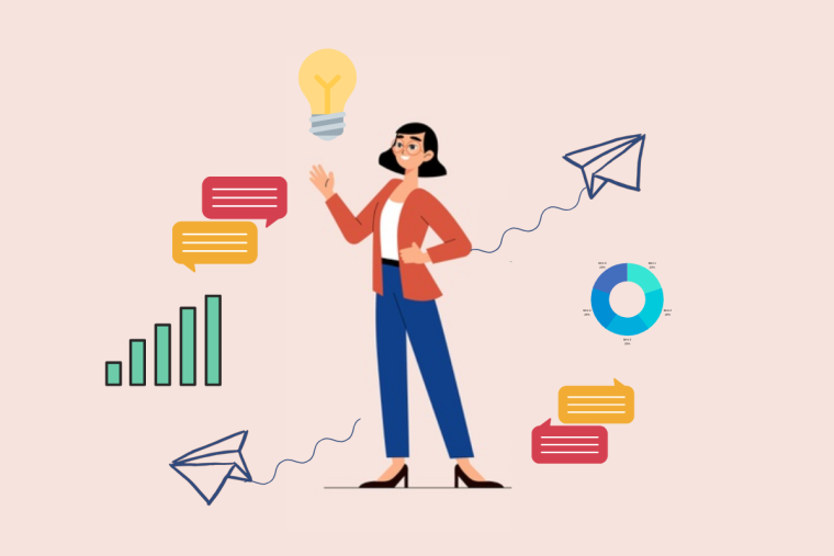 An illustration of a professional surrounded by speech bubbles, a lightbulb, a bar chart, a donut chart, and paper plane icons.