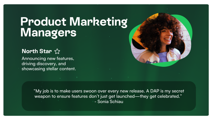 A Product Marketing Managers card with a North Star about announcing features and driving discovery, and a quote from Sonia Schiau about using a DAP to make feature launches feel celebrated.