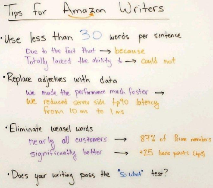 Amazon writing tips: sentences under 30 words, replace adjectives with data, eliminate weasel words, and apply a 'So what' test.