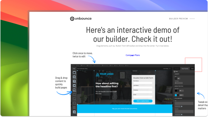An interactive demo of Unbounce's landing page bulier with callouts for different features.