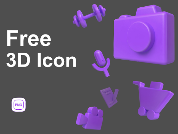 A preview of a free 3D icon kit showing floating purple 3D icons including a camera, dumbbell, microphone, and shopping cart on a dark background.