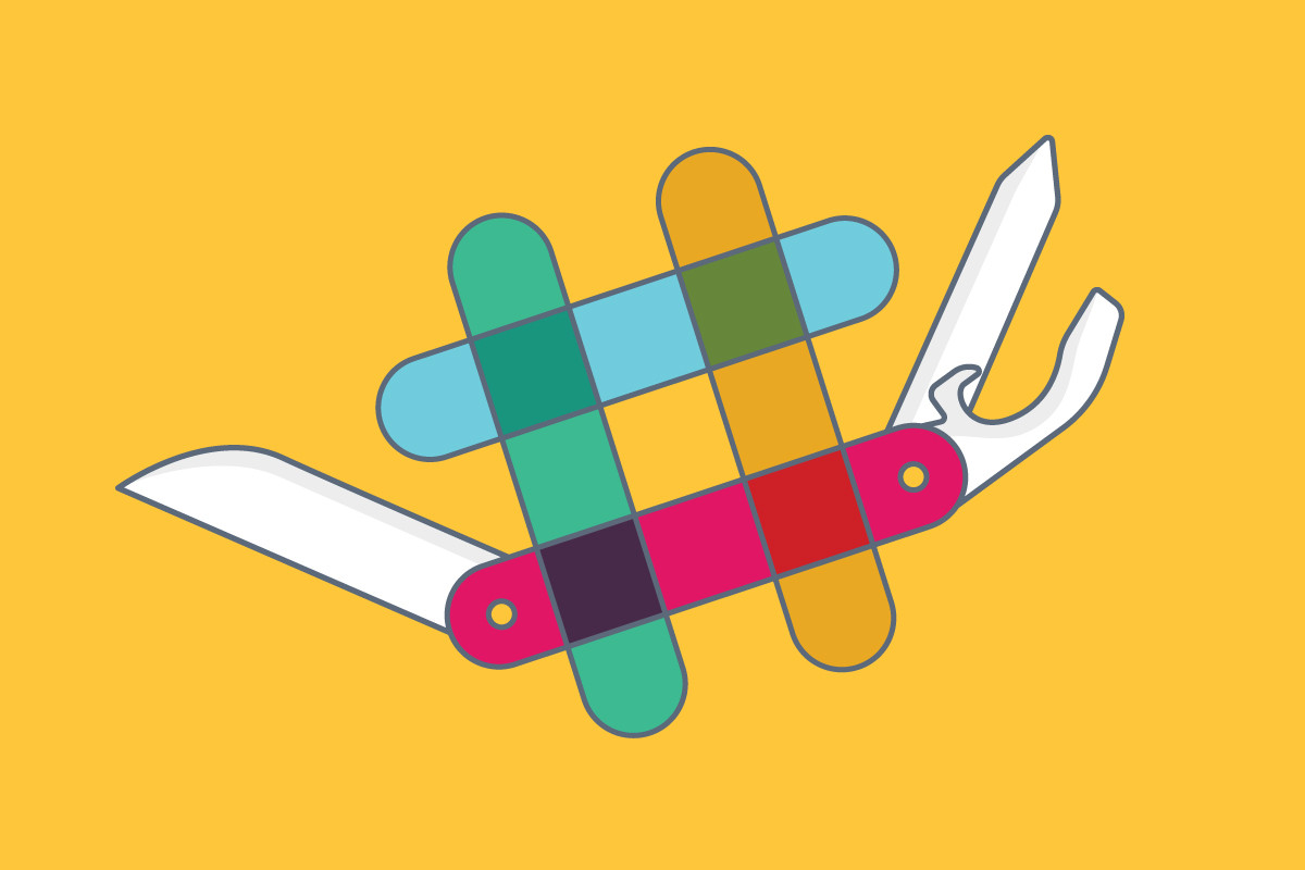 An illustration of the Slack logo styled as a Swiss Army knife with blades extended.
