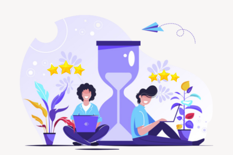 An illustration of two people working on laptops beside a large hourglass, with star ratings floating above each