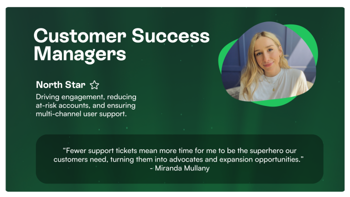 Card defining the Customer Success Manager role's North Star — driving engagement, reducing at-risk accounts, and ensuring multi-channel user support — and a quote about how DAPs help this persona.