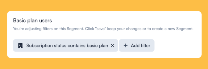 The Chameleon dashboard segment editor showing a segment named 'Basic plan users' with a filter for subscription status containing 'basic plan.'