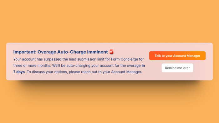 A banner warning Chili Piper users their account has reached its usage limit, prompting them to contact their account manager.