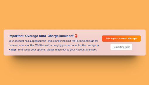 A banner warning Chili Piper users their account has reached its usage limit, prompting them to contact their account manager.