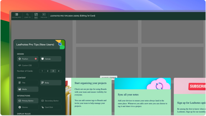The Chameleon builder showing a set of embeddable cards being built for a fictional sandbox app, with a settings panel and canvas preview.