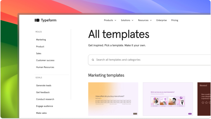 Typeform's template gallery showing role and goal filter categories in the left sidebar, a search bar, and marketing template cards.