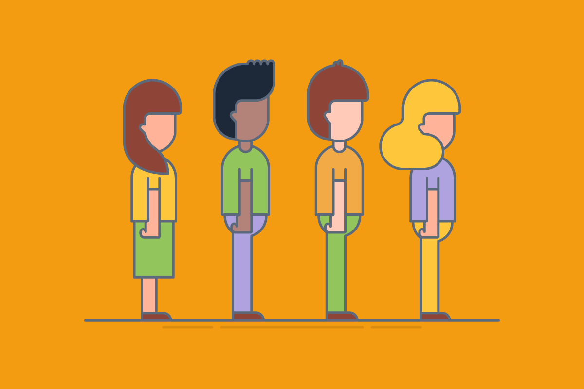 Four illustrated figures standing in a line.