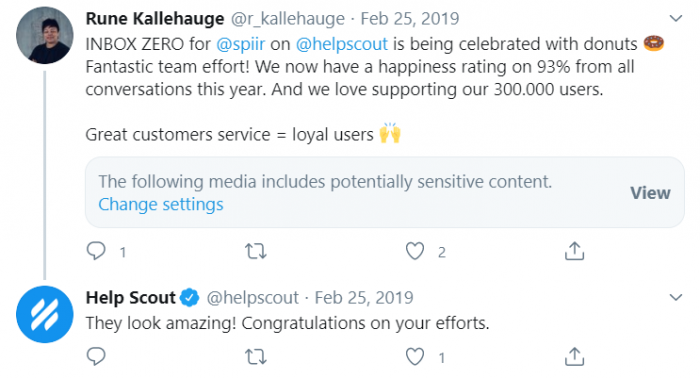 In an effort to turn committed users into power users Help Scout congratulates users on their success with the tool—as seen in this example