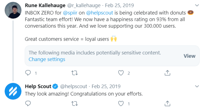 In an effort to turn committed users into power users Help Scout congratulates users on their success with the tool—as seen in this example