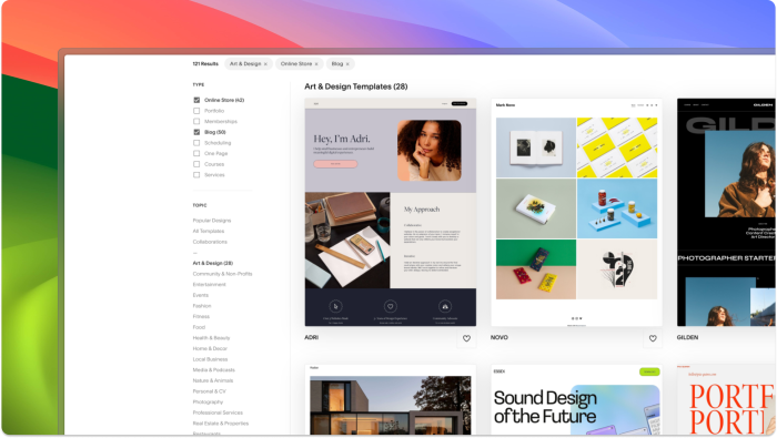 Squarespace's template gallery filtered to Art & Design, showing a left-side category panel and a grid of named website templates.