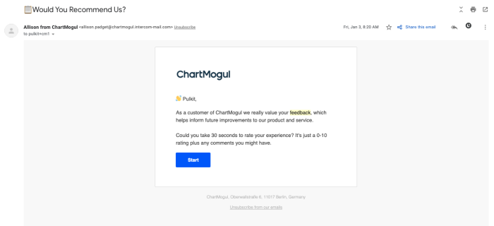 A ChartMogul NPS survey email in Gmail asking users to rate their experience on a 0–10 scale, with a 