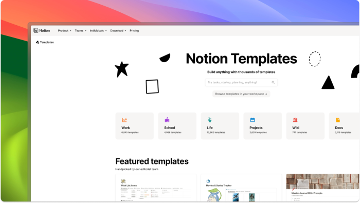 Notion's template gallery page, showing template categories including Work, School, and Life, plus a Featured Templates section below.