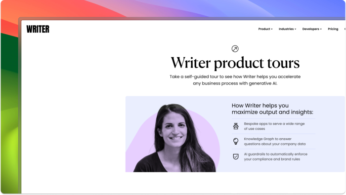 Writer's product tours landing page, with a heading inviting self-guided tours.