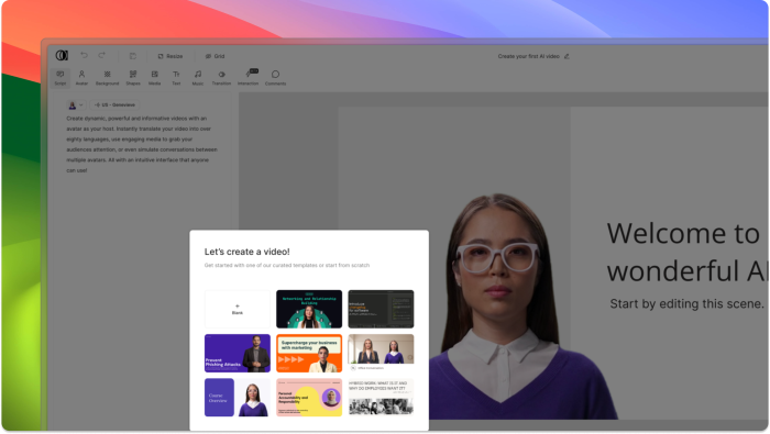 Colossyan's video editor interface showing a 'Let's create a video!' modal with a blank option and a grid of curated templates, overlaid on the editor canvas.