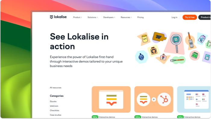 A screenshot of Lokalise's interactive demos library page, headed 'See Lokalise in action.'